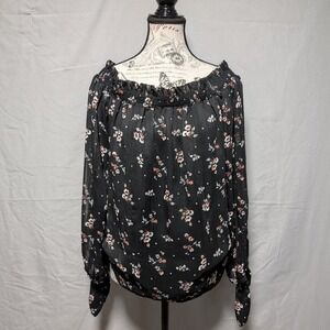 WAYF Women's Black Floral Off-Shoulder Sheer Peasant Floral Blouse Size Medium‎